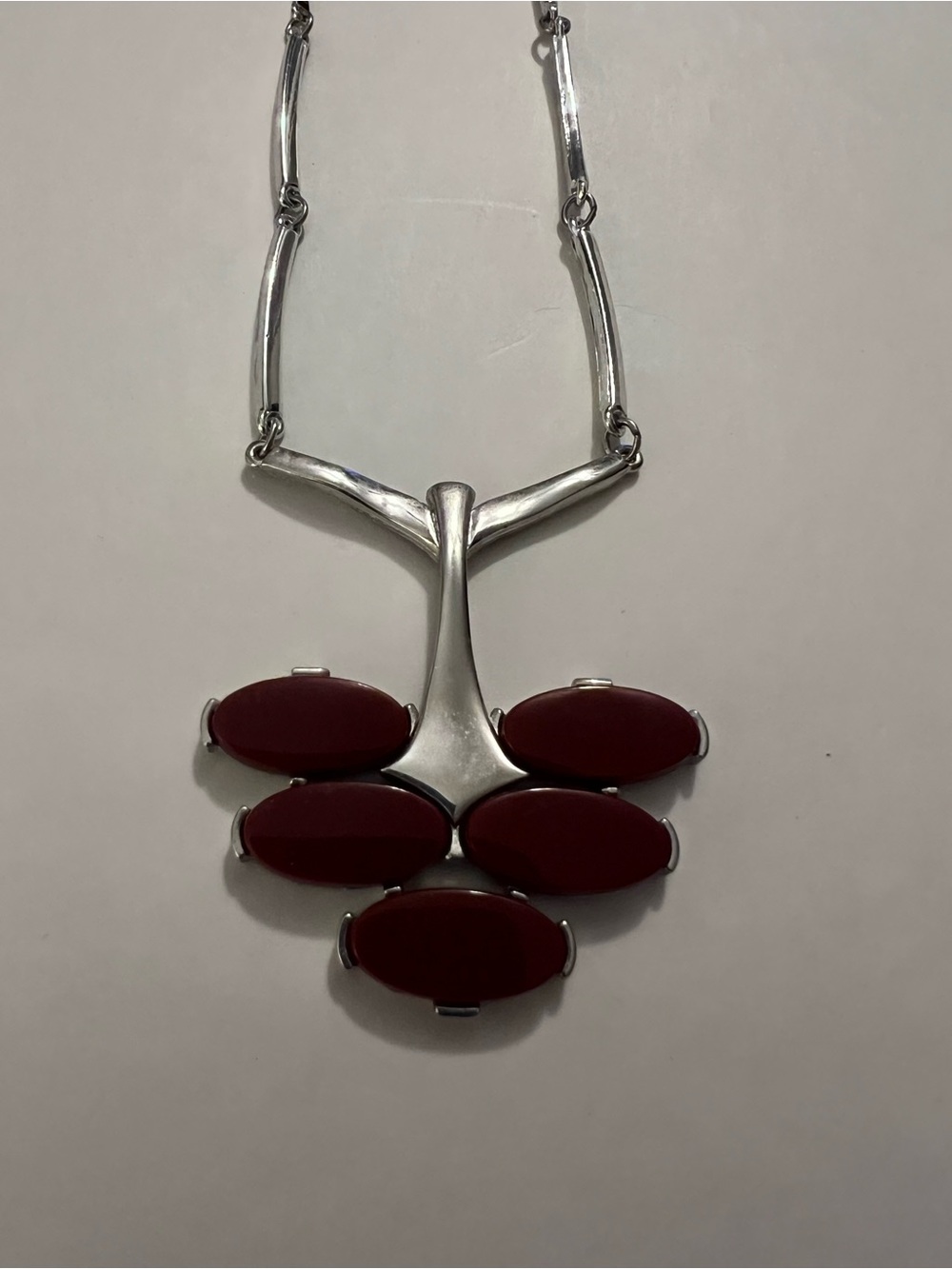 Sarah Coventry Silver Tone Necklace with Deep Red Cabochon Pendant